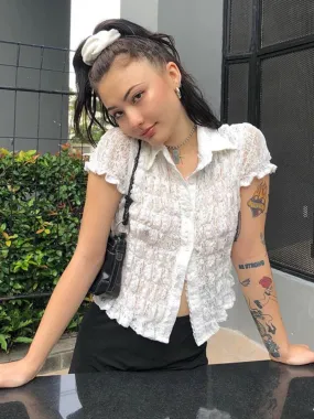 Top Women   White Shirt Ruffle Lace Top See Through Blouses Turn Down Collar Shirts Short Sleeve Tees Street Women Clothing