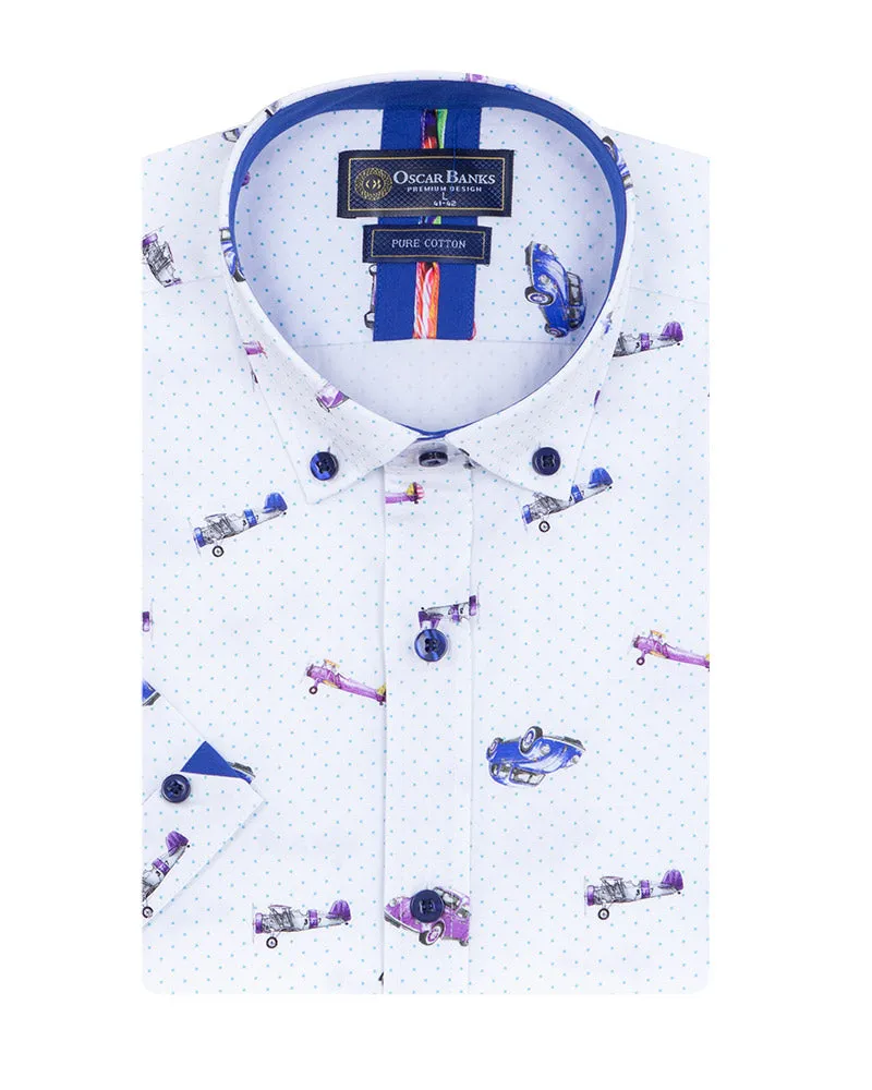 Vintage Car and Airplane Print Short Sleeve Shirt