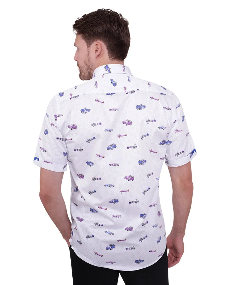 Vintage Car and Airplane Print Short Sleeve Shirt