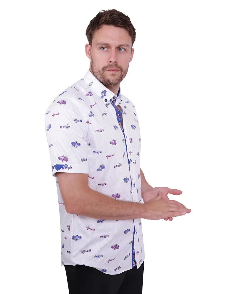 Vintage Car and Airplane Print Short Sleeve Shirt
