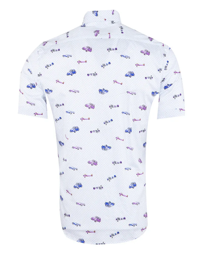 Vintage Car and Airplane Print Short Sleeve Shirt