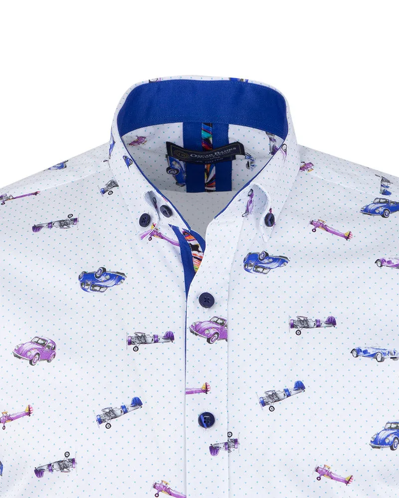 Vintage Car and Airplane Print Short Sleeve Shirt