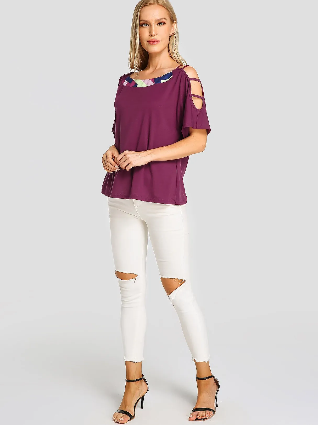 Wholesale Cold Shoulder Plain Short Sleeve Purple T-Shirts