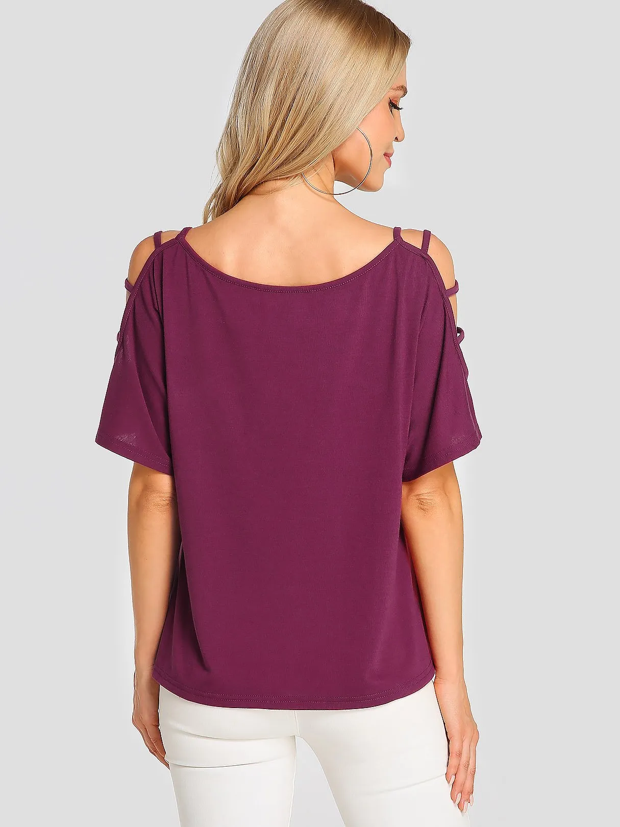 Wholesale Cold Shoulder Plain Short Sleeve Purple T-Shirts