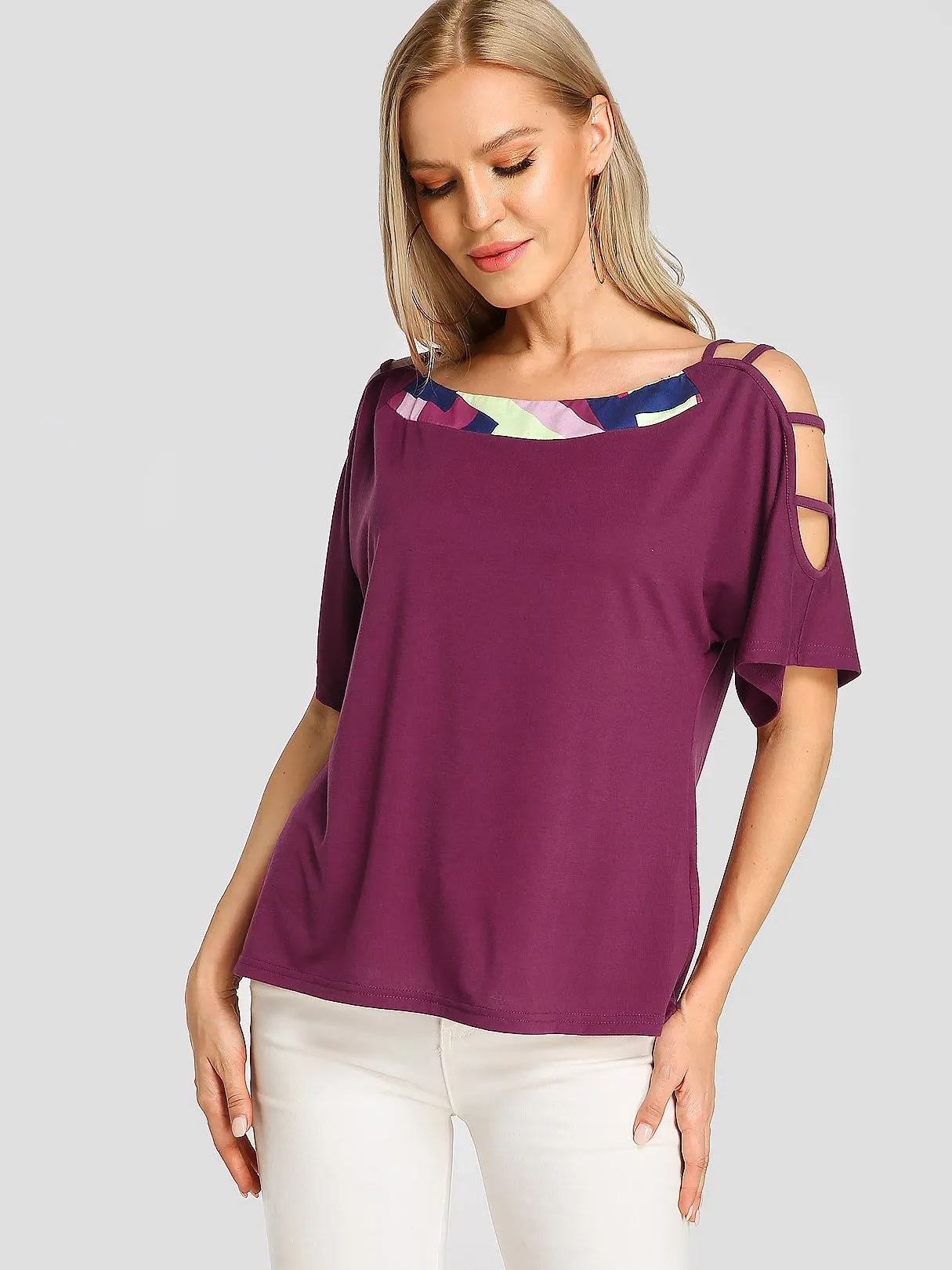 Wholesale Cold Shoulder Plain Short Sleeve Purple T-Shirts
