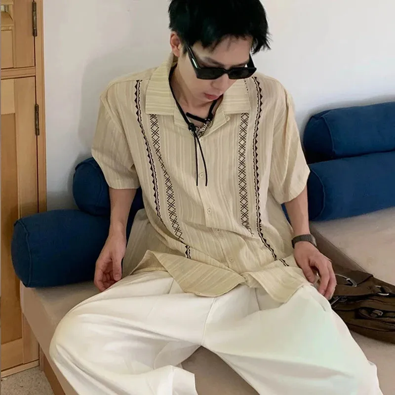 Wiaofellas  -  Men's Clothing Light Luxury Retro Ethnic Shirts Leisure Popular Clothes Cuban Collar Short Sleeve Streetwear Retro Striped