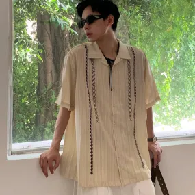 Wiaofellas  -  Men's Clothing Light Luxury Retro Ethnic Shirts Leisure Popular Clothes Cuban Collar Short Sleeve Streetwear Retro Striped