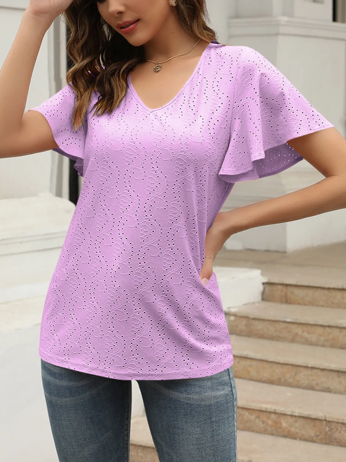 Women Eyelet V-Neck Short Sleeve Blouse