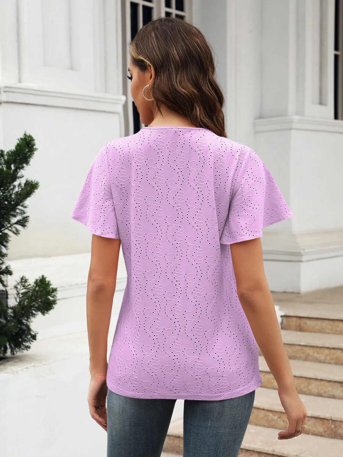Women Eyelet V-Neck Short Sleeve Blouse
