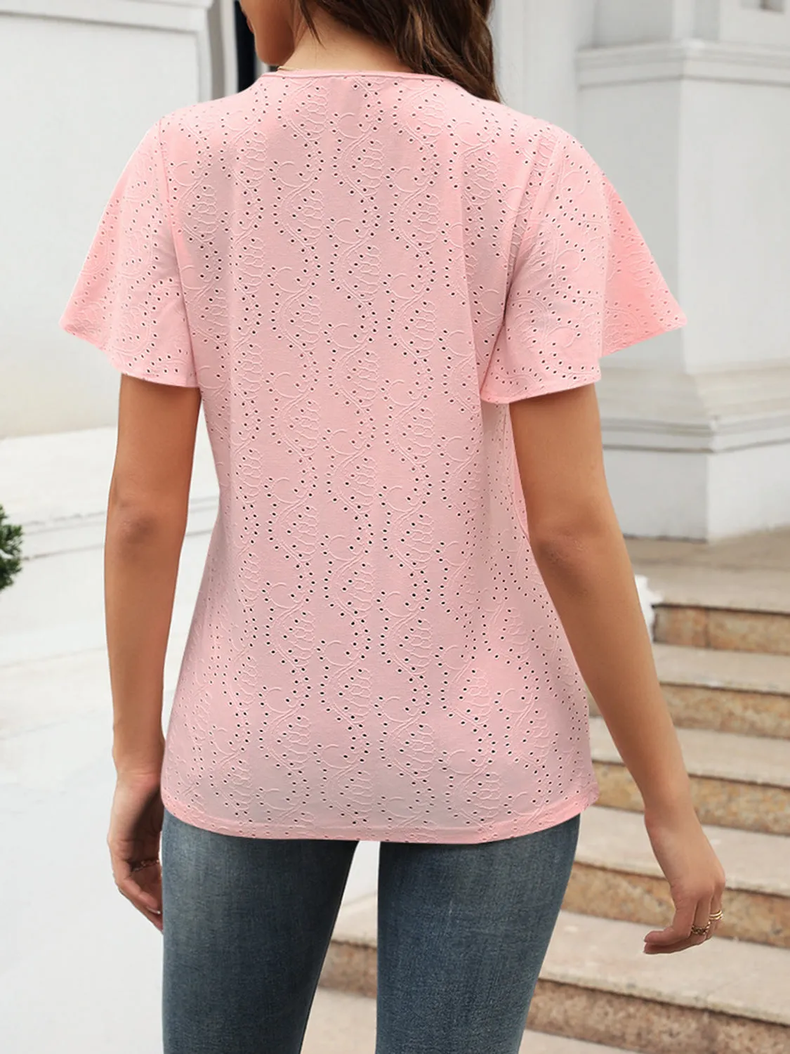 Women Eyelet V-Neck Short Sleeve Blouse