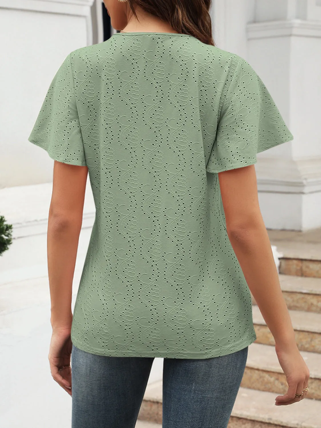 Women Eyelet V-Neck Short Sleeve Blouse