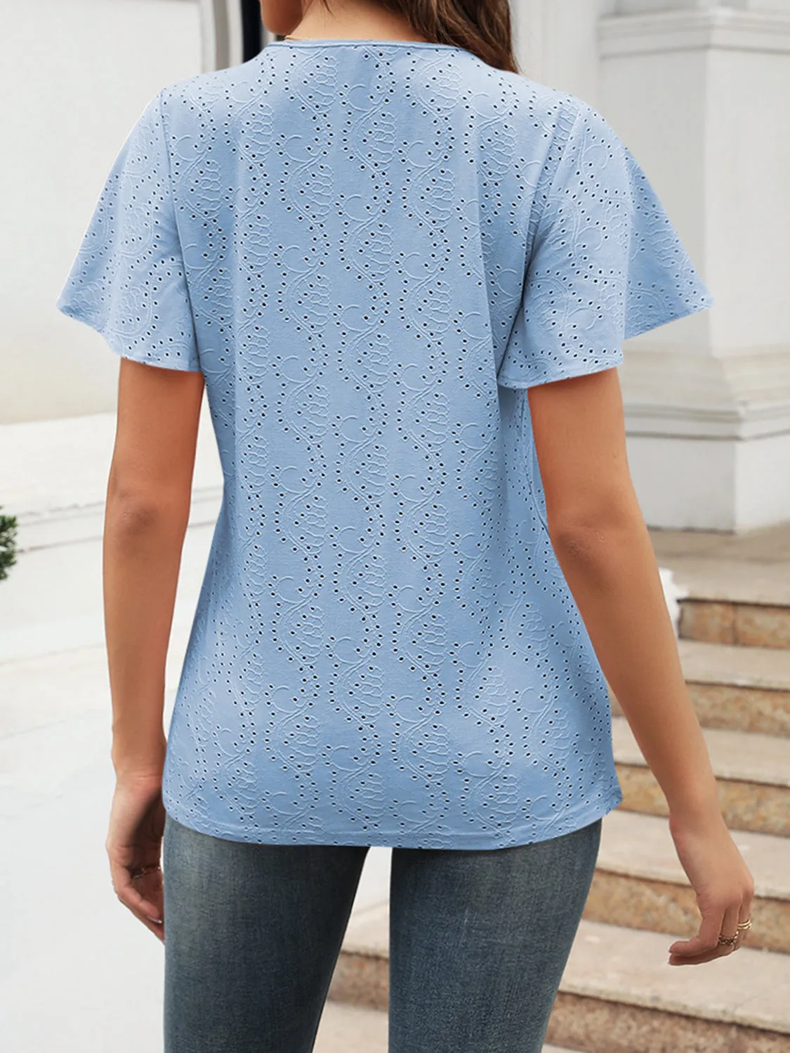 Women Eyelet V-Neck Short Sleeve Blouse