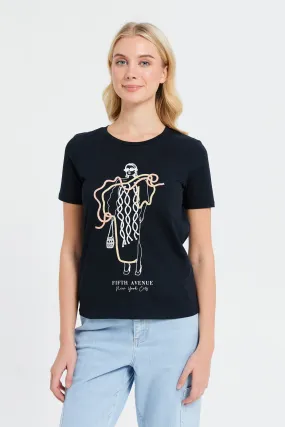 Women Navy Hello Roping Embellished T-Shirt