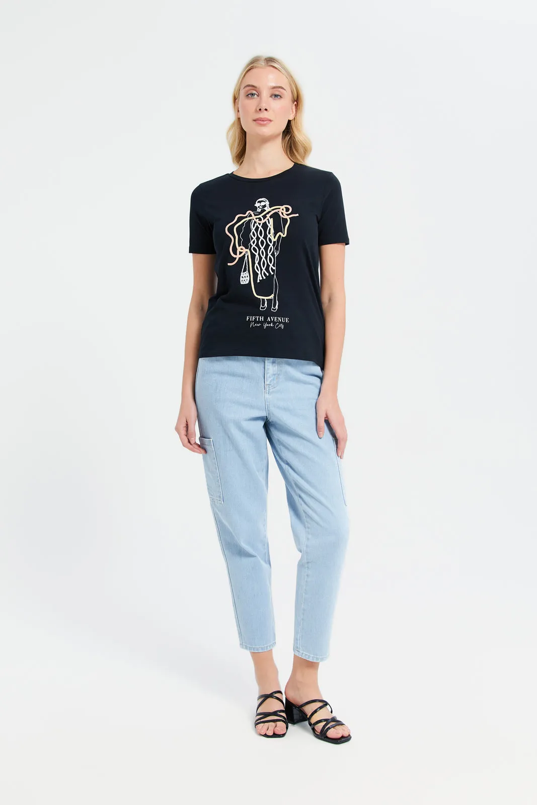 Women Navy Hello Roping Embellished T-Shirt