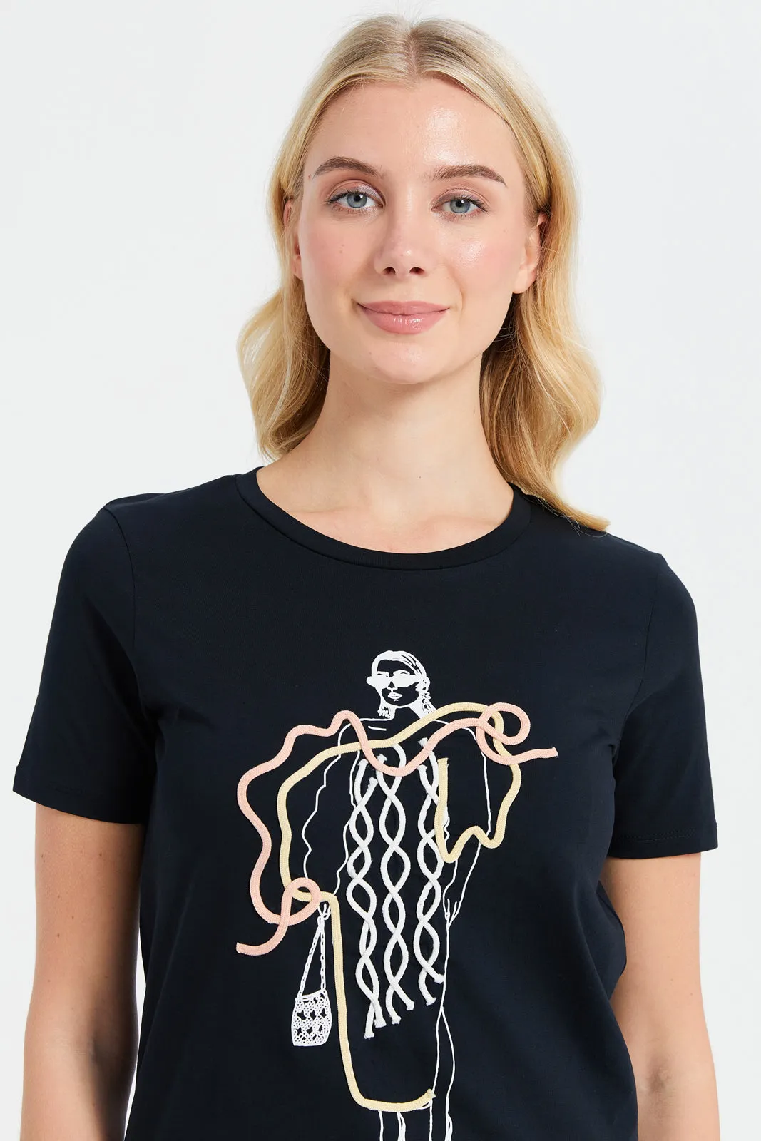 Women Navy Hello Roping Embellished T-Shirt