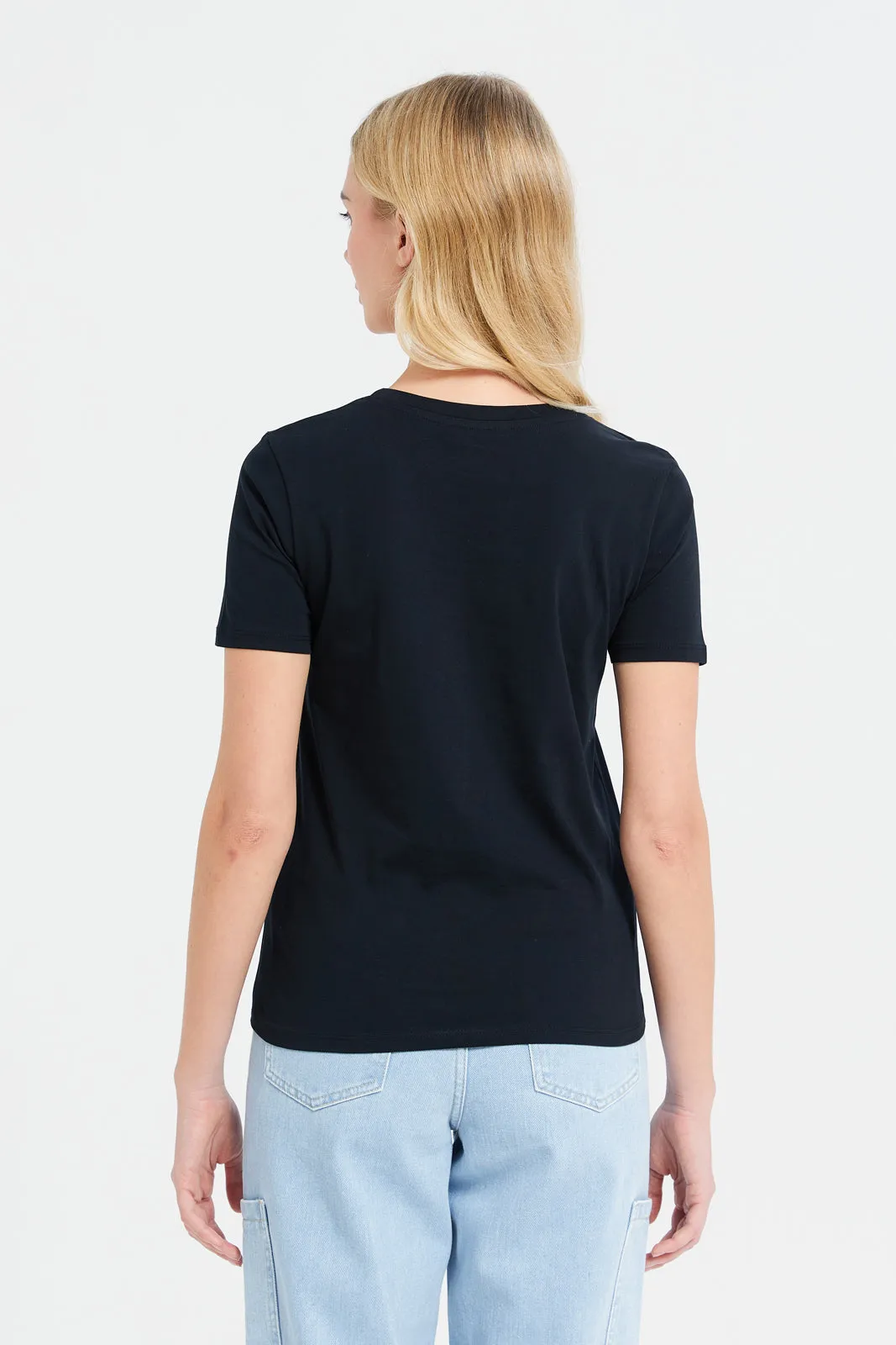 Women Navy Hello Roping Embellished T-Shirt
