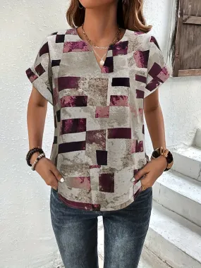 Women Printed Notched Short Sleeve Blouse
