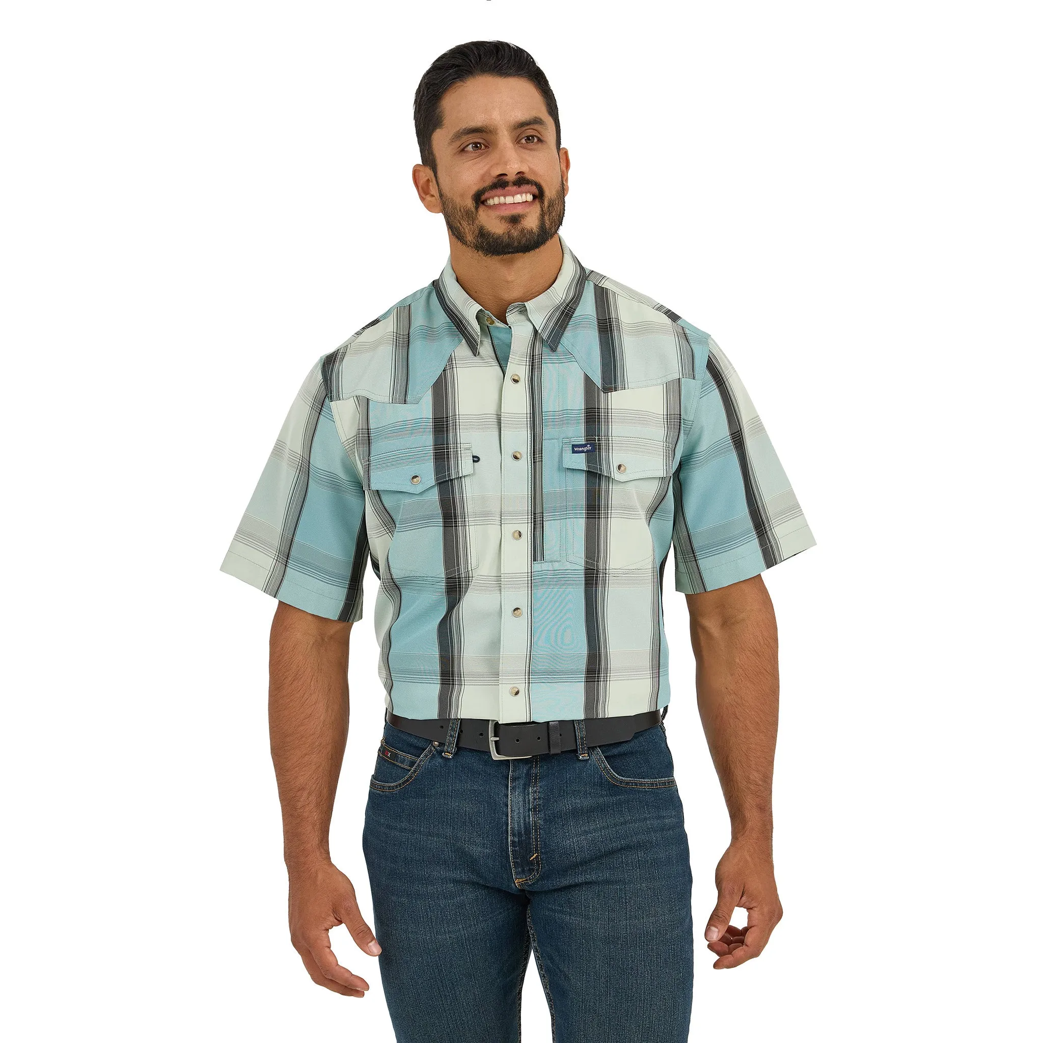Wrangler Men's Turquoise Plaid Short Sleeve